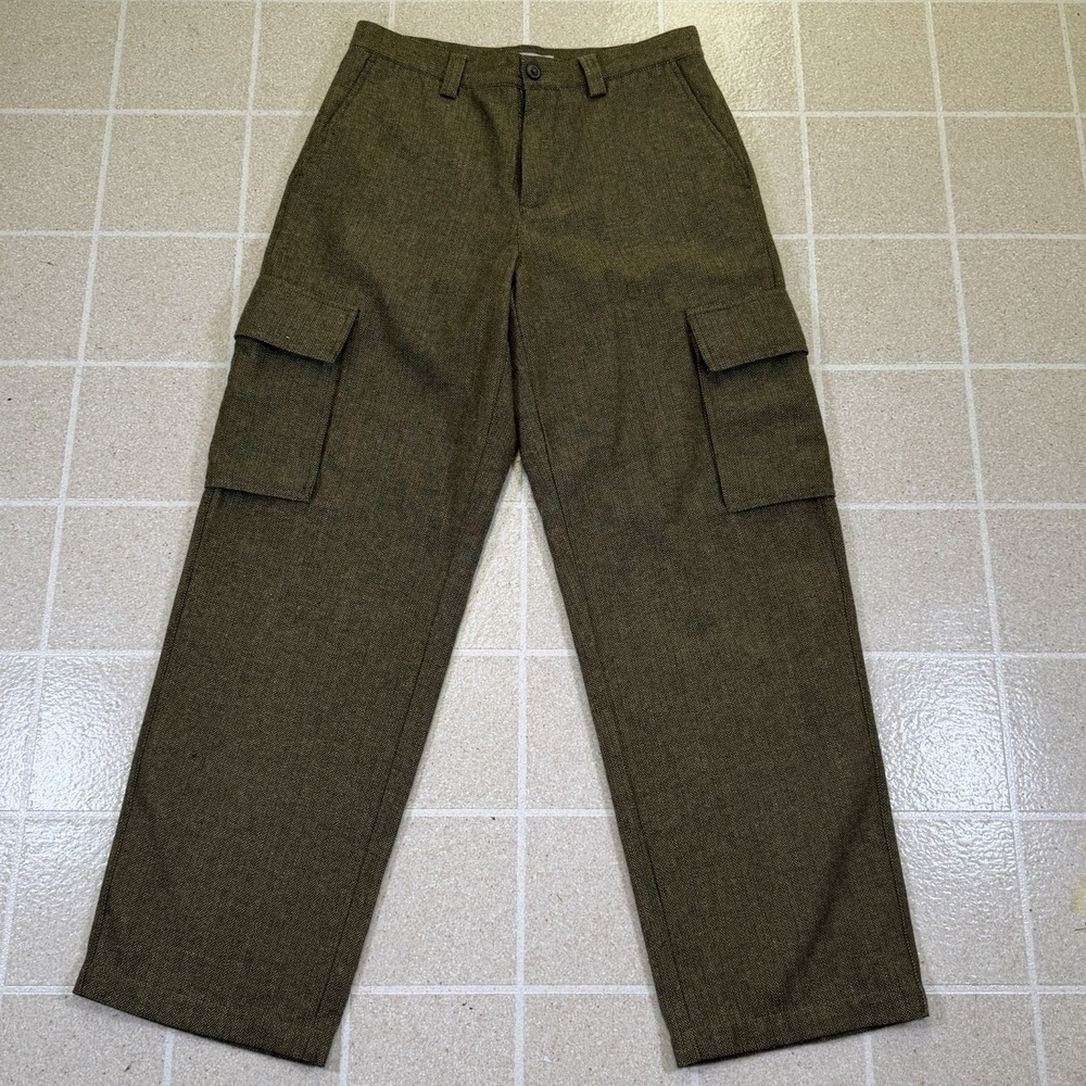 Vtg Y2K 2000s Old Navy 30x31 Brown Herringbone Wool Tweed Baggy Cargo Mens Pants